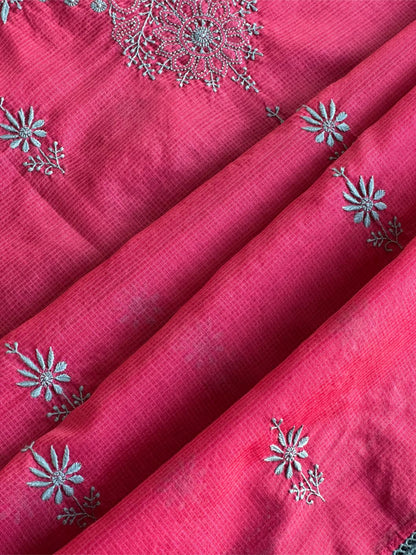 Vivid Burgundy Pink Kota Chikankari Unstitched Fabrics