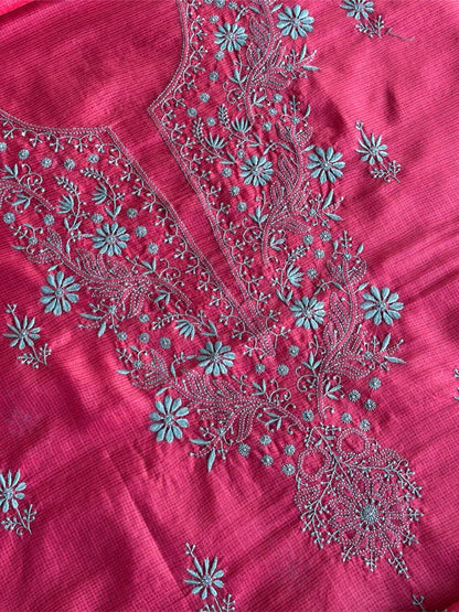 Vivid Burgundy Pink Kota Chikankari Unstitched Fabrics