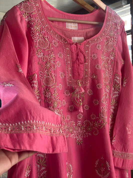Vivid Pink SICO Mal Chikankari Kurta With Mukaish Kamdani – Ready to Wear