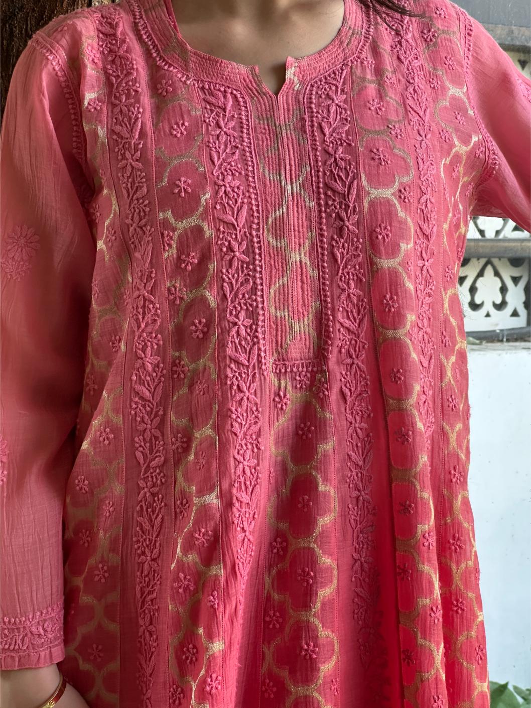Vivid Pink Shade Zari Chanderi Chikankari A Line Kurta with Slip