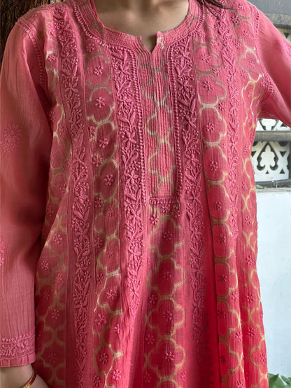 Vivid Pink Shade Zari Chanderi Chikankari A Line Kurta with Slip