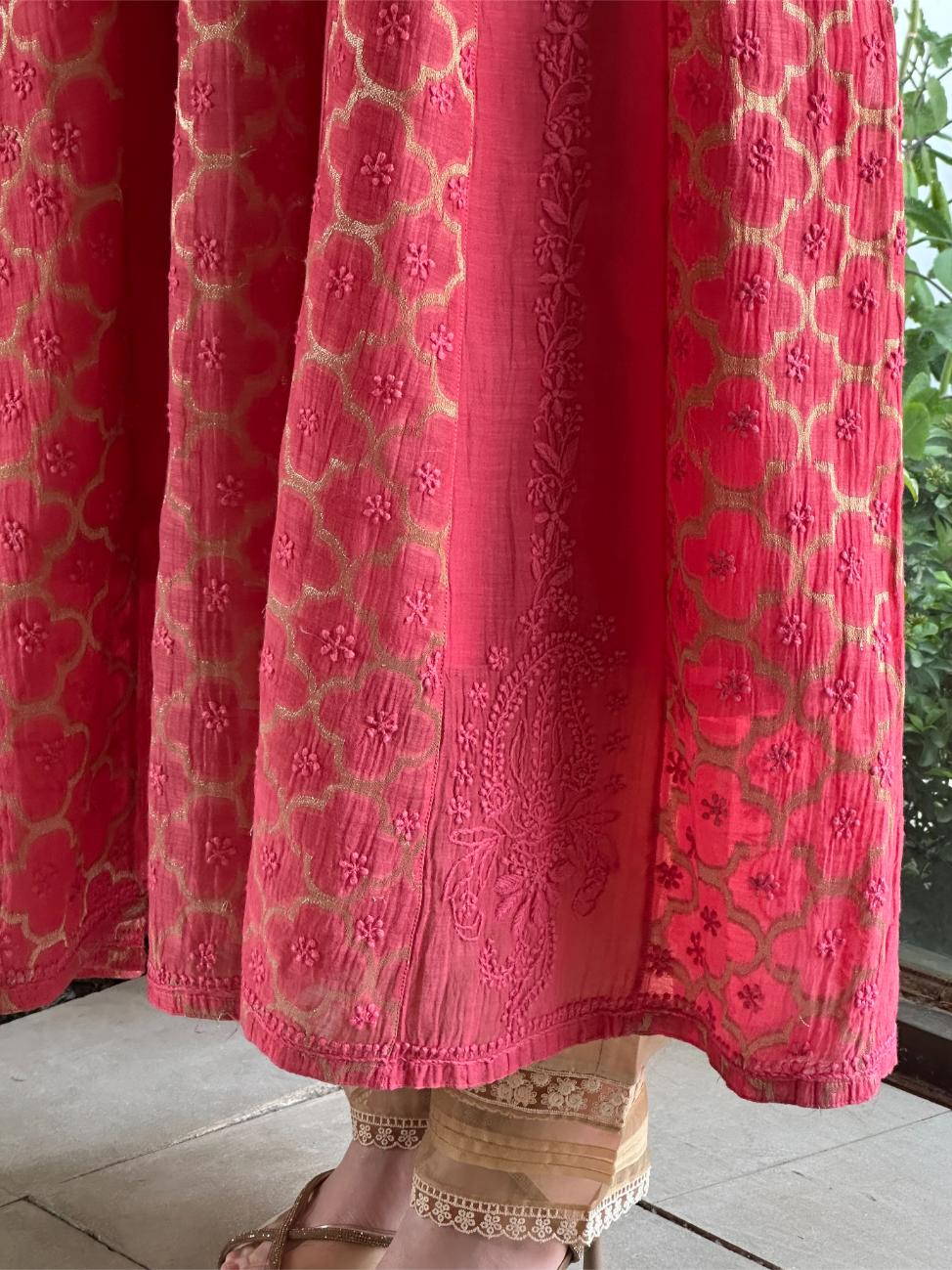 Vivid Pink Shade Zari Chanderi Chikankari A Line Kurta with Slip