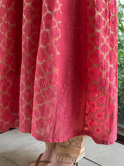 Vivid Pink Shade Zari Chanderi Chikankari A Line Kurta with Slip