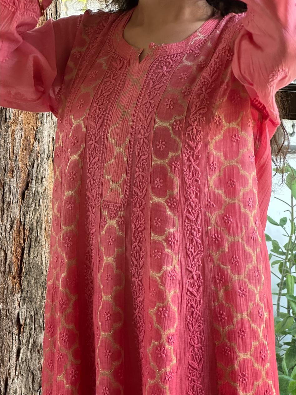 Vivid Pink Shade Zari Chanderi Chikankari A Line Kurta with Slip