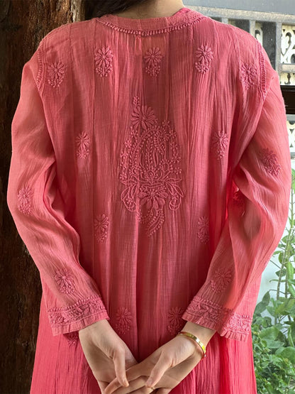 Vivid Pink Shade Zari Chanderi Chikankari A Line Kurta with Slip