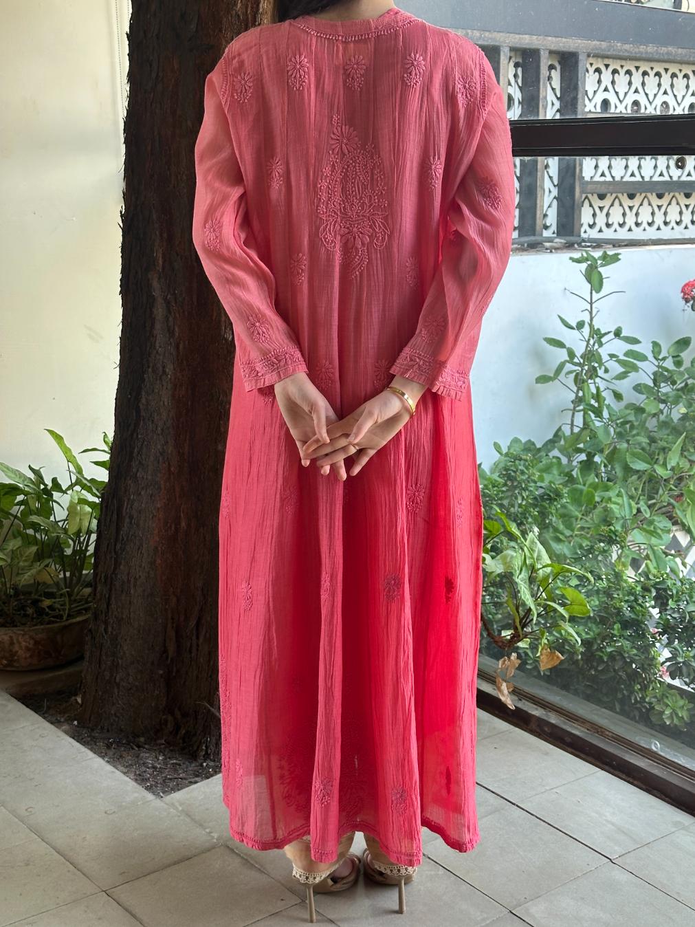 Vivid Pink Shade Zari Chanderi Chikankari A Line Kurta with Slip