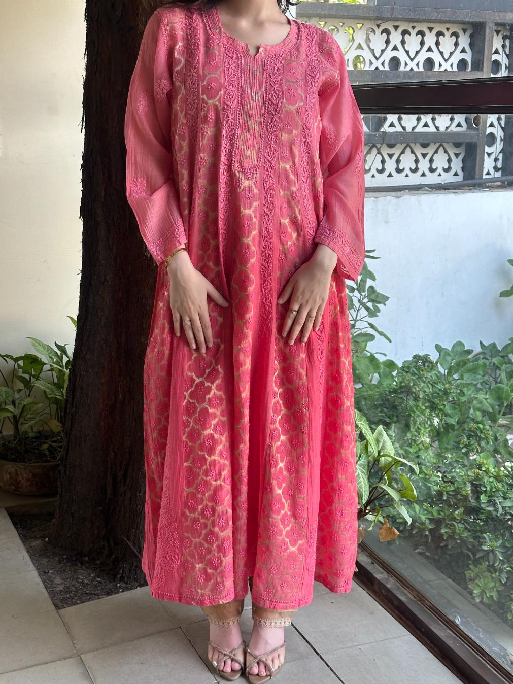 Vivid Pink Shade Zari Chanderi Chikankari A Line Kurta with Slip