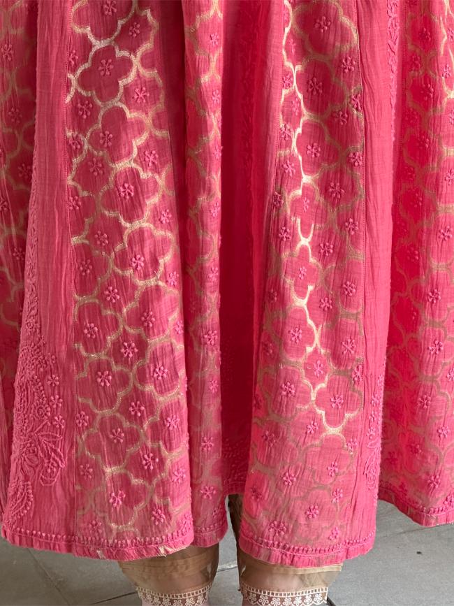 Vivid Pink Shade Zari Chanderi Chikankari A Line Kurta with Slip