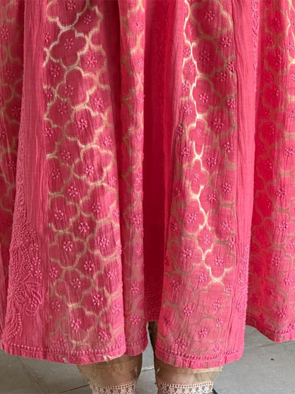 Vivid Pink Shade Zari Chanderi Chikankari A Line Kurta with Slip