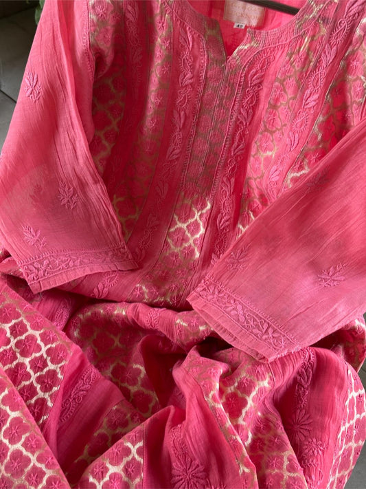 Vivid Pink Shade Zari Chanderi Chikankari Ready to Wear Tunics