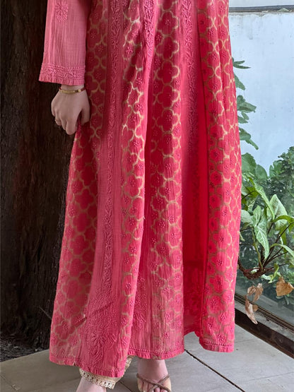 Vivid Pink Shade Zari Chanderi Chikankari A Line Kurta with Slip
