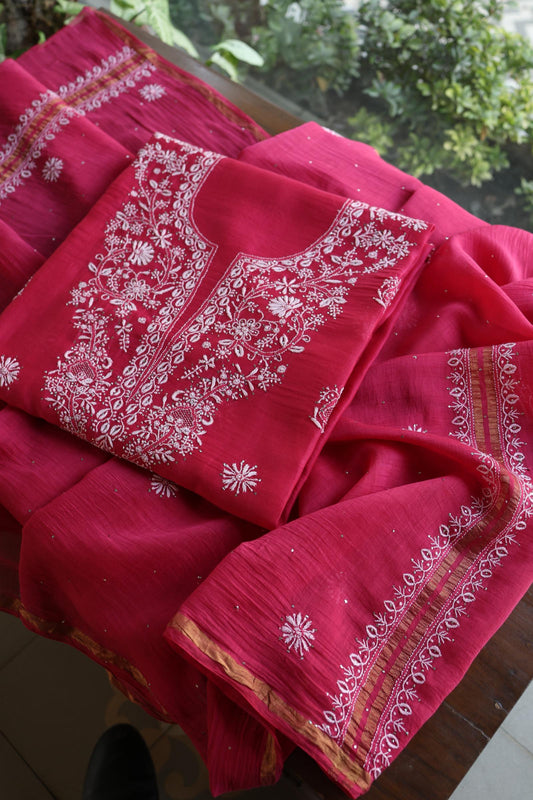 Vivid Burgundy Shade Mal Cotton Fine Chikankari Unstitched Fabric