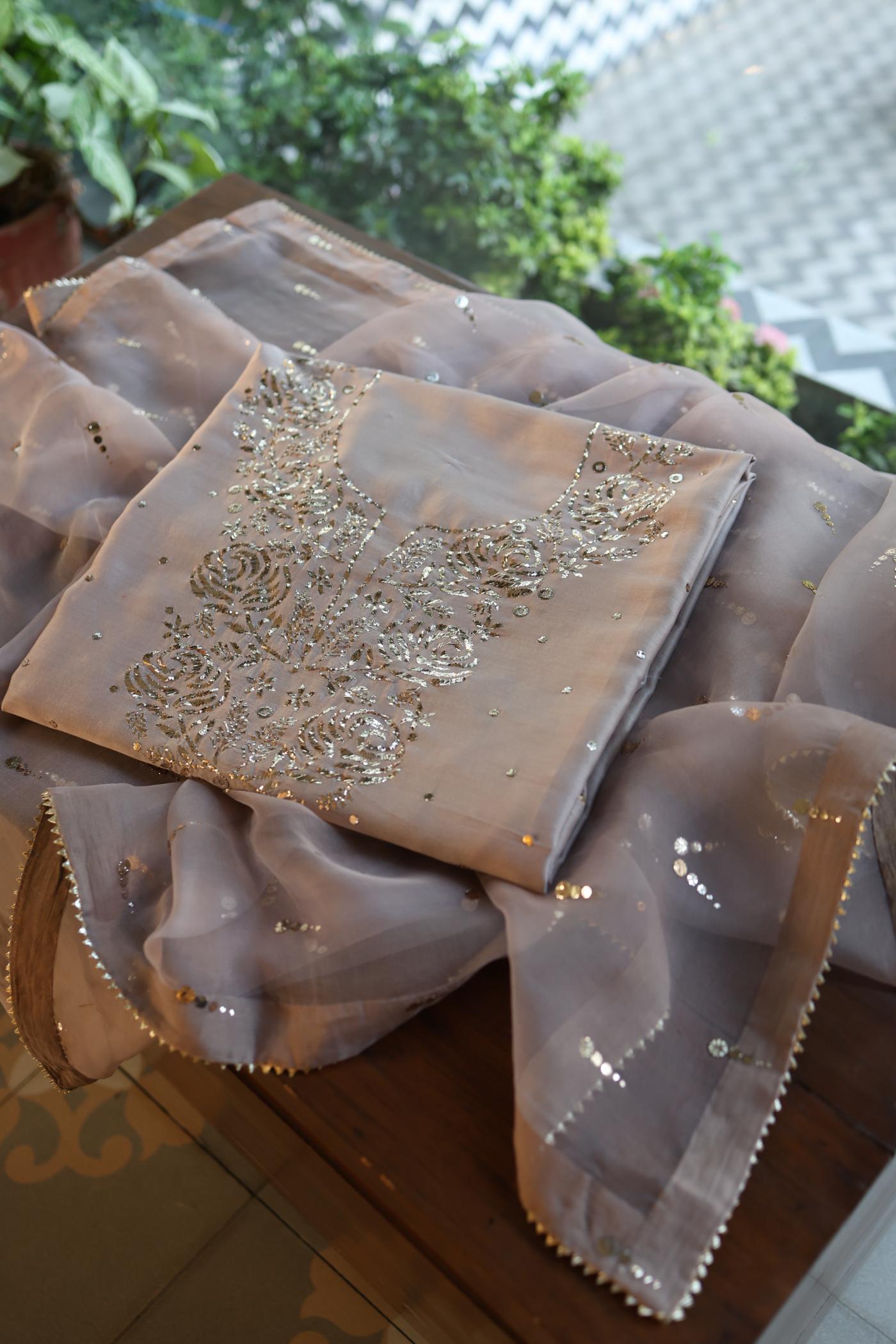 Warm Grey Chanderi Silk Mukaish Badla Unstitched Fabric