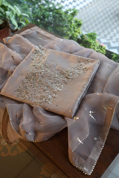 Warm Grey Chanderi Silk Mukaish Badla Unstitched Fabric