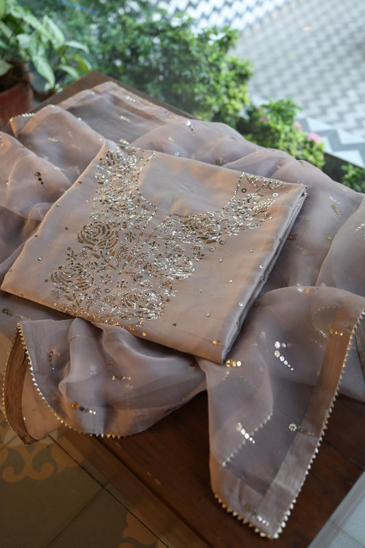 Warm Grey Chanderi Silk Mukaish Badla Unstitched Fabric