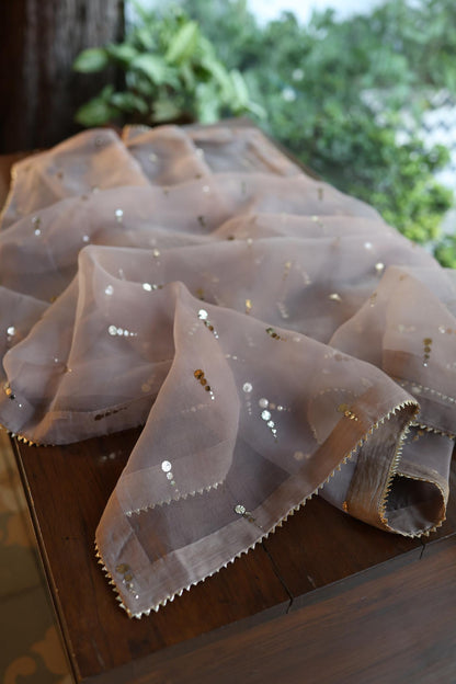 Warm Grey Chanderi Silk Mukaish Badla Unstitched Fabric