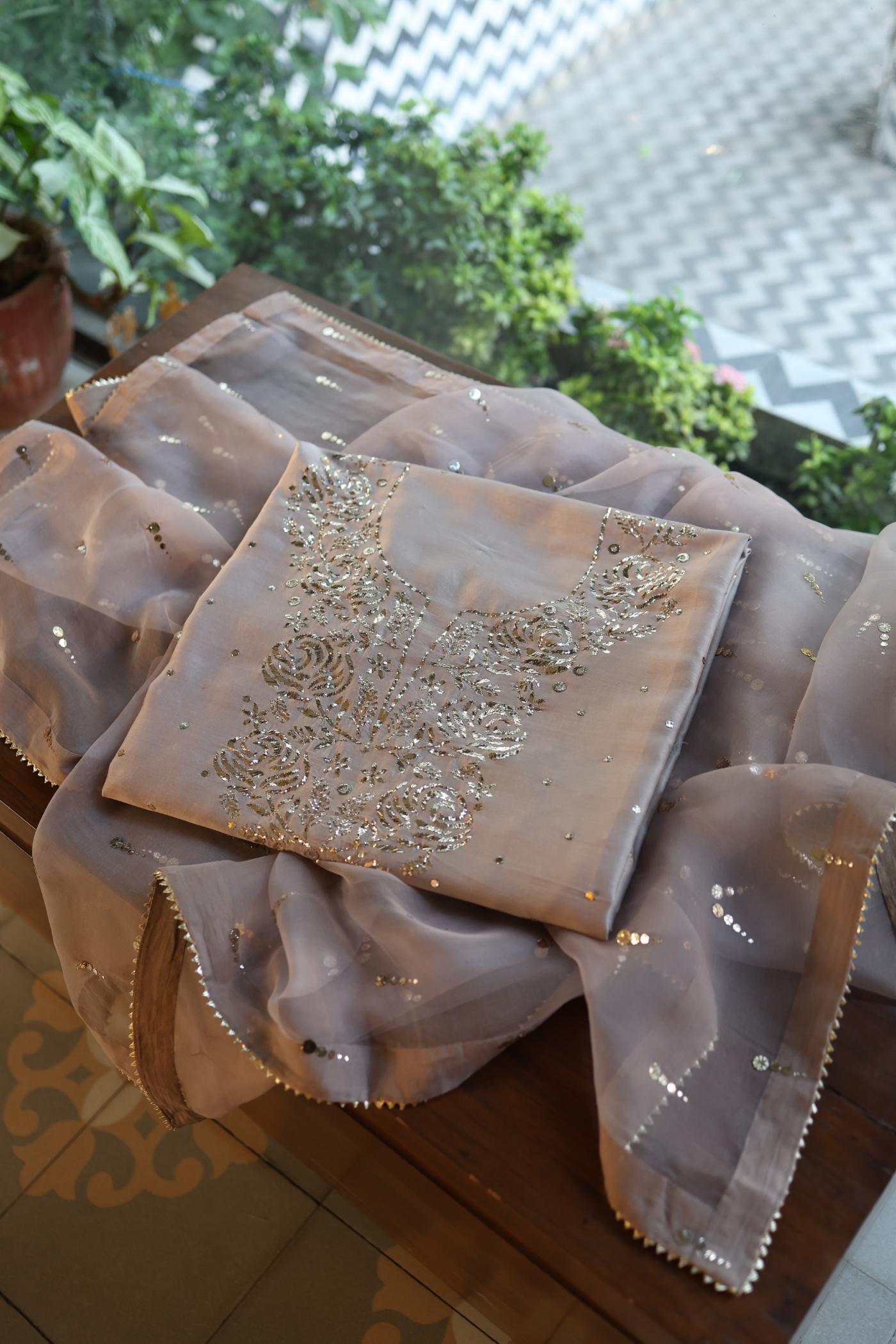 Warm Grey Chanderi Silk Mukaish Badla Unstitched Fabric