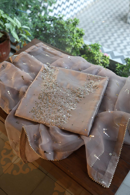 Warm Grey Chanderi Silk Mukaish Badla Unstitched Fabric