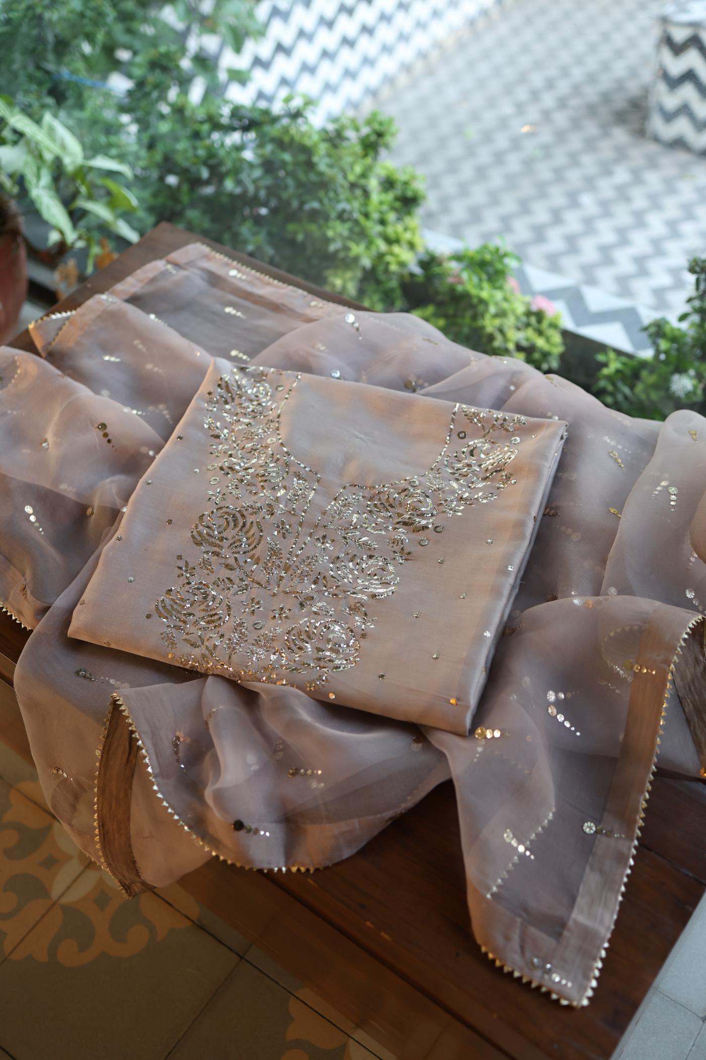 Warm Grey Chanderi Silk Mukaish Badla Unstitched Fabric