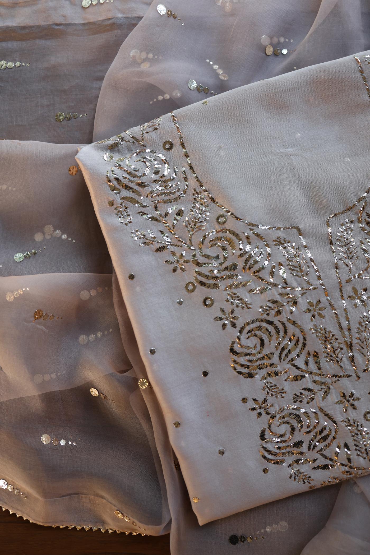 Warm Grey Chanderi Silk Mukaish Badla Unstitched Fabric