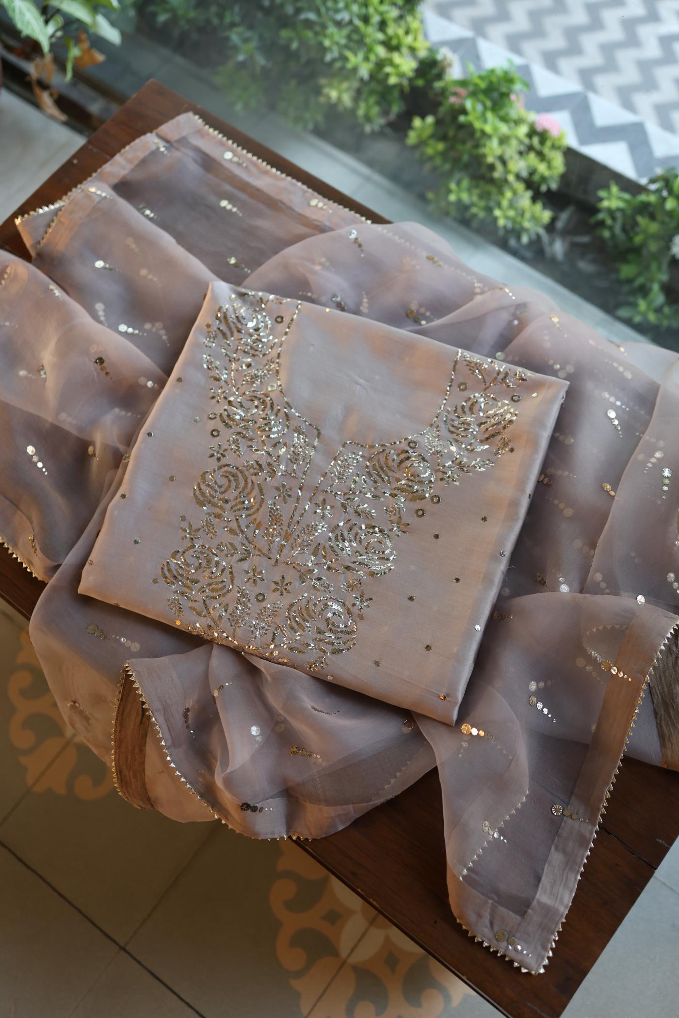 Warm Grey Chanderi Silk Mukaish Badla Unstitched Fabric