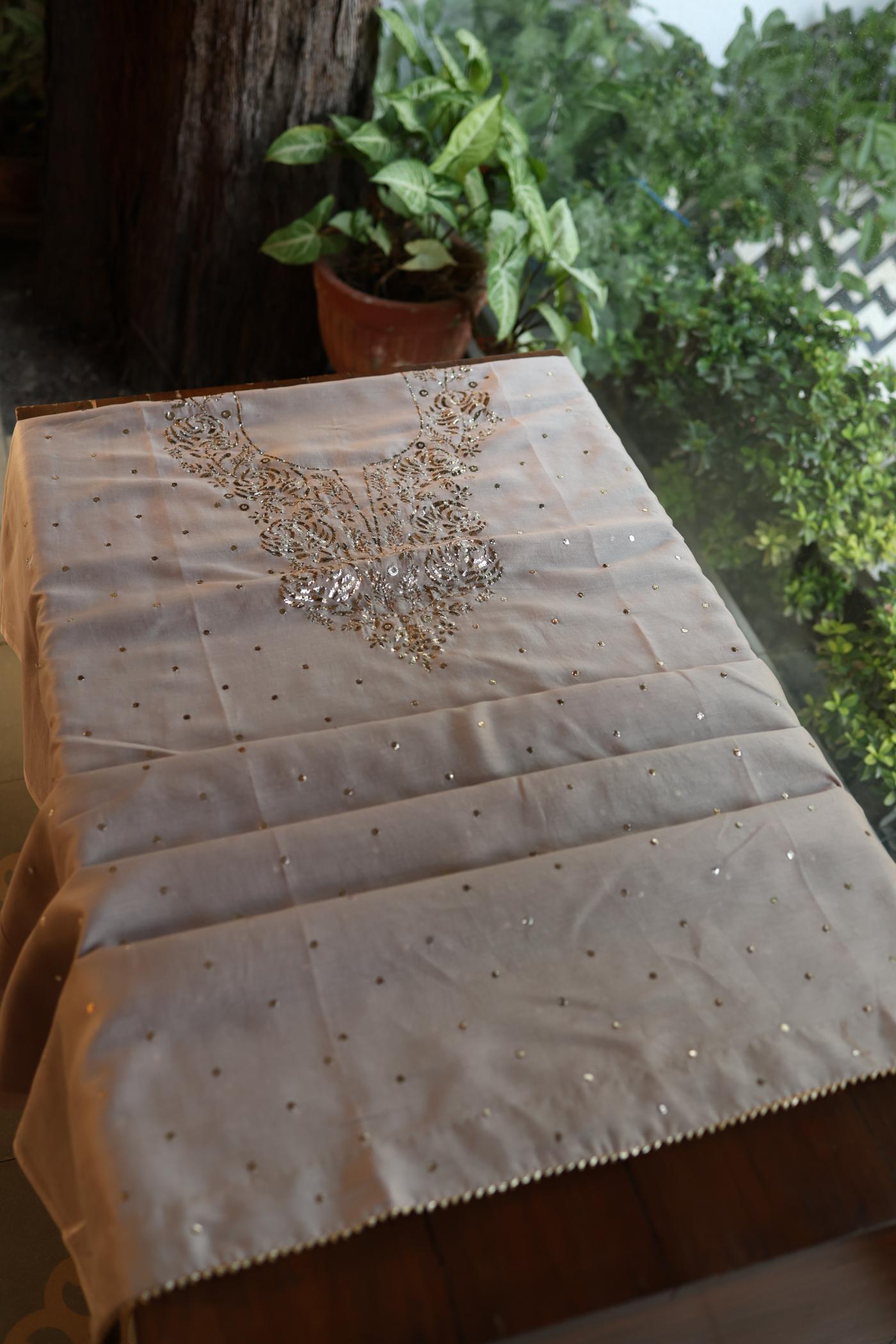 Warm Grey Chanderi Silk Mukaish Badla Unstitched Fabric