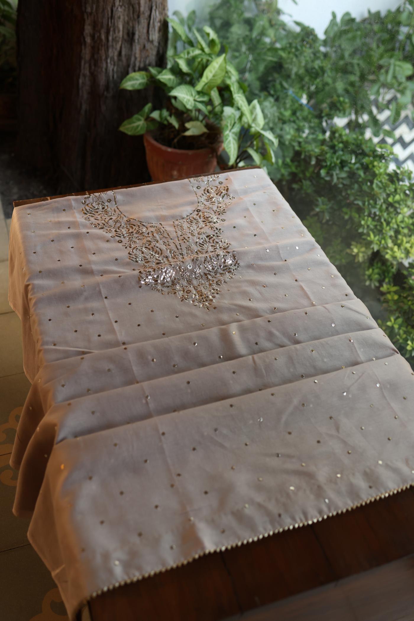 Warm Grey Chanderi Silk Mukaish Badla Unstitched Fabric