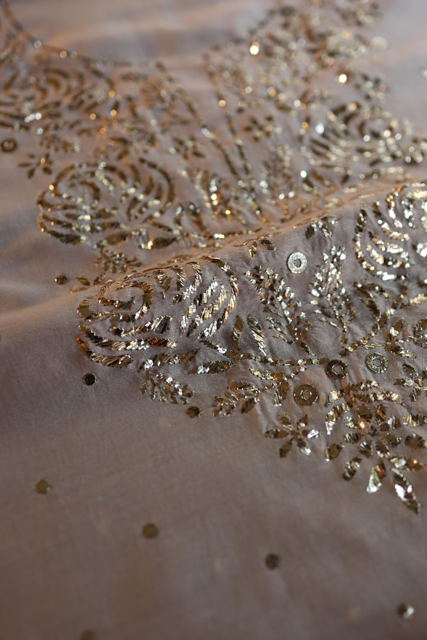Warm Grey Chanderi Silk Mukaish Badla Unstitched Fabric