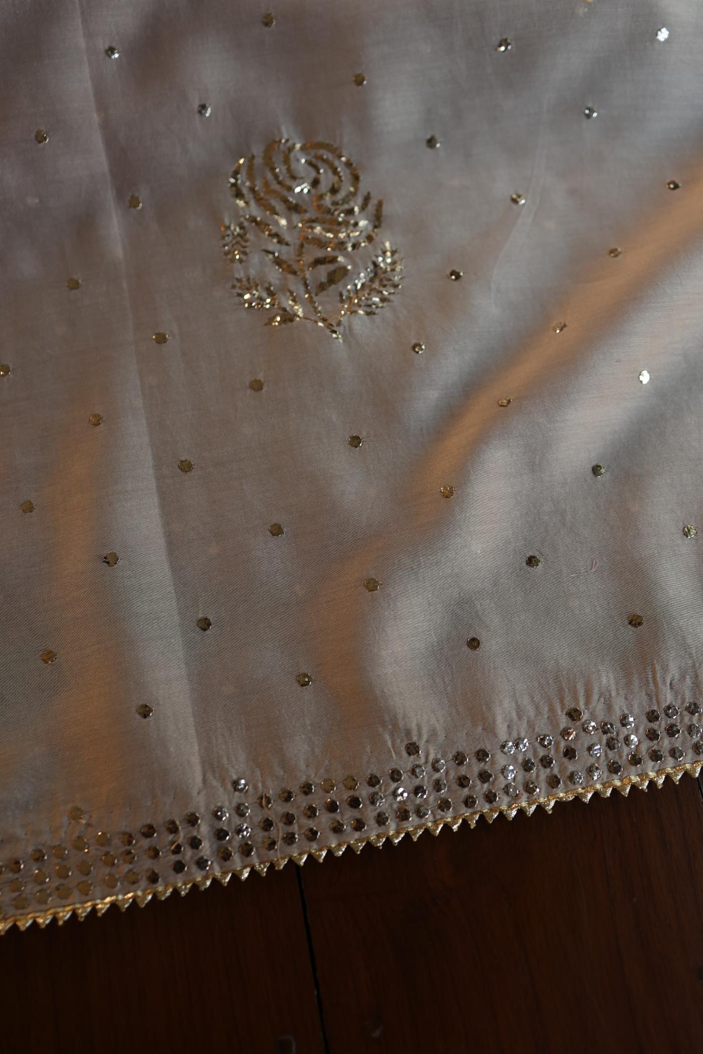 Warm Grey Chanderi Silk Mukaish Badla Unstitched Fabric
