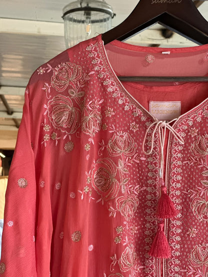 Warm Pink Chiffon Chikankari Kaftan