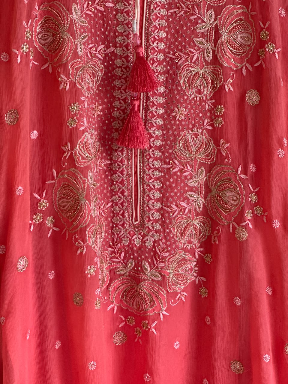 Warm Pink Chiffon Chikankari Kaftan