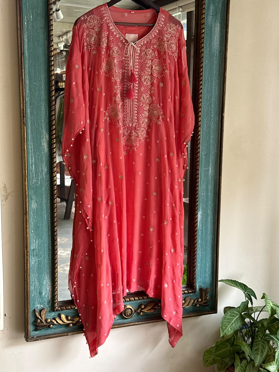 Warm Pink Chiffon Chikankari Kaftan