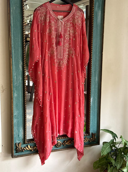 Warm Pink Chiffon Chikankari Kaftan