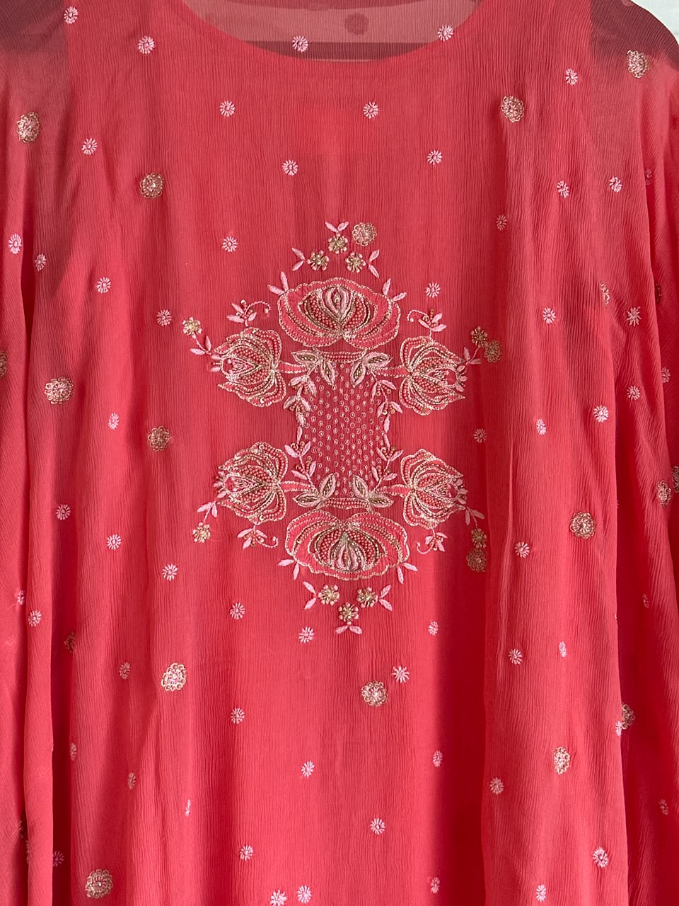 Warm Pink Chiffon Chikankari Kaftan