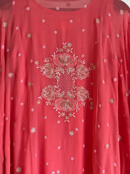 Warm Pink Chiffon Chikankari Kaftan