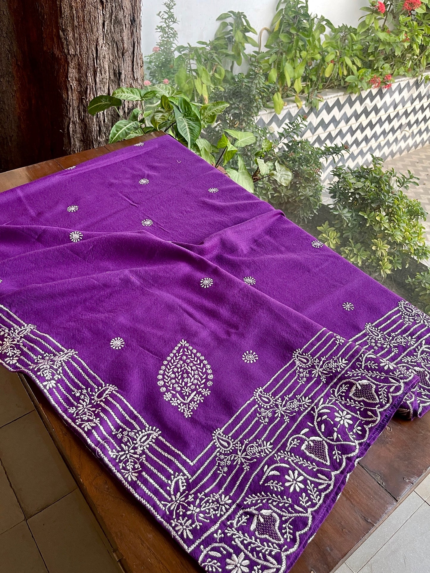Warm Purple Shade Saman Pashmina Resham Thread Chikankari Shawl