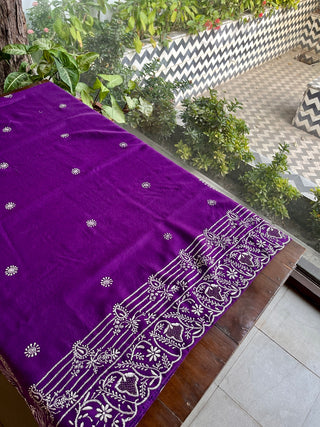 Warm Purple Shade Saman Pashmina Resham Thread Chikankari Shawl