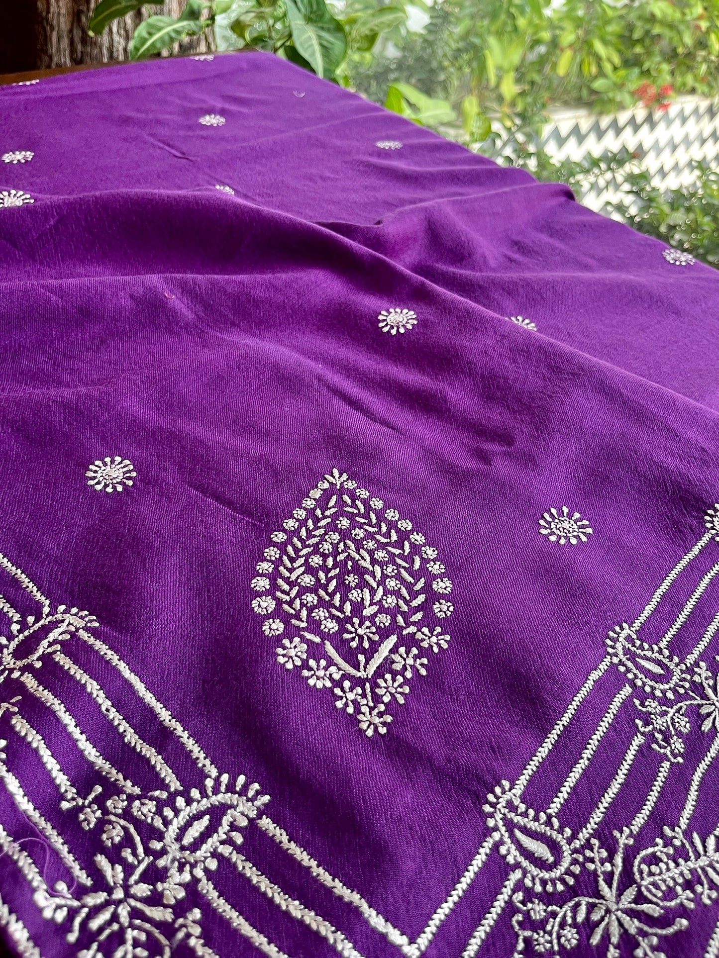 Warm Purple Shade Saman Pashmina Resham Thread Chikankari Shawl