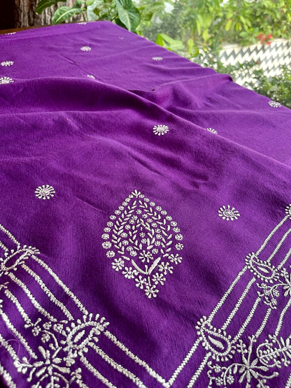 Warm Purple Shade Saman Pashmina Resham Thread Chikankari Shawl