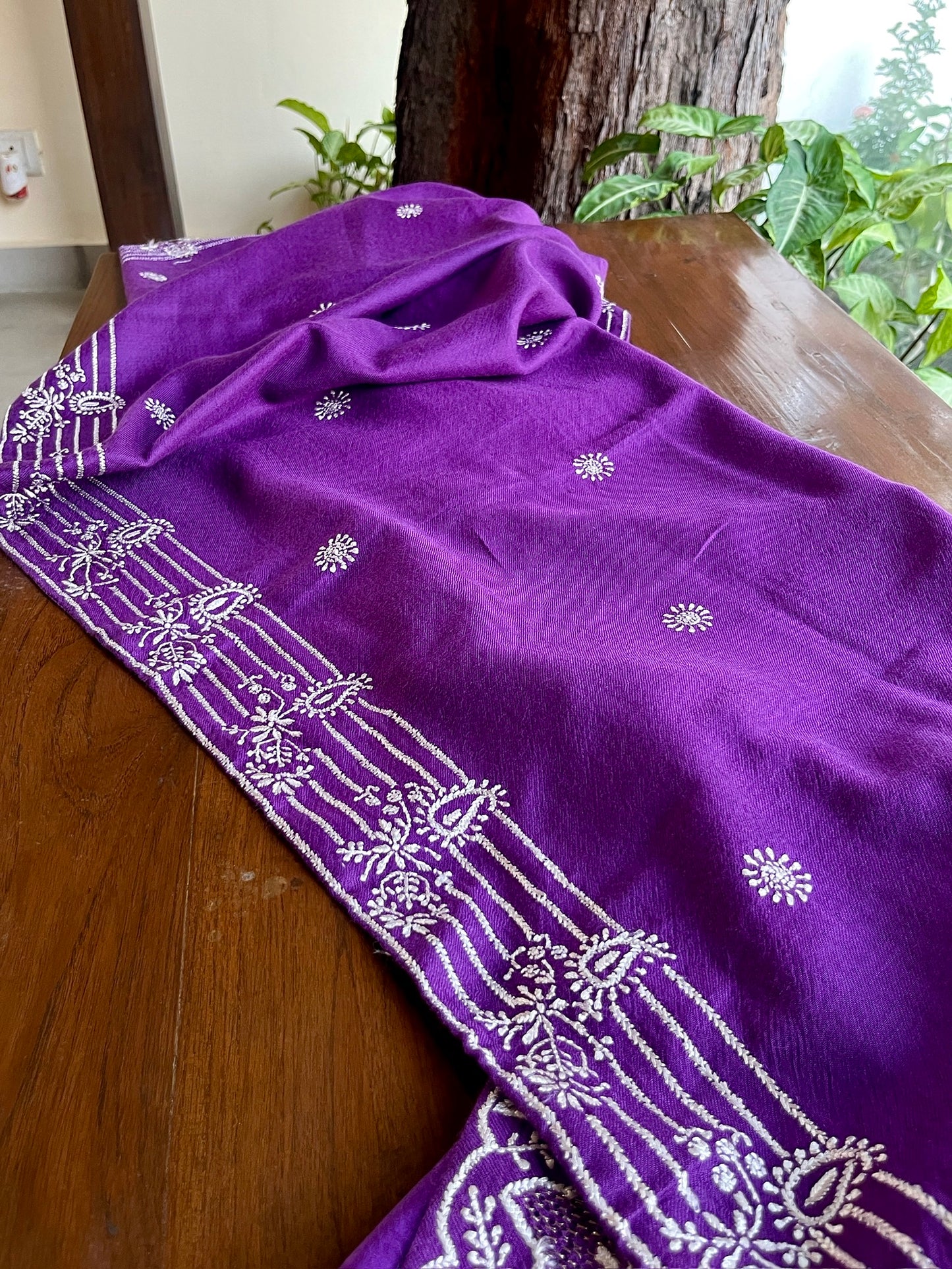 Warm Purple Shade Saman Pashmina Resham Thread Chikankari Shawl