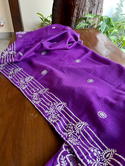 Warm Purple Shade Saman Pashmina Resham Thread Chikankari Shawl