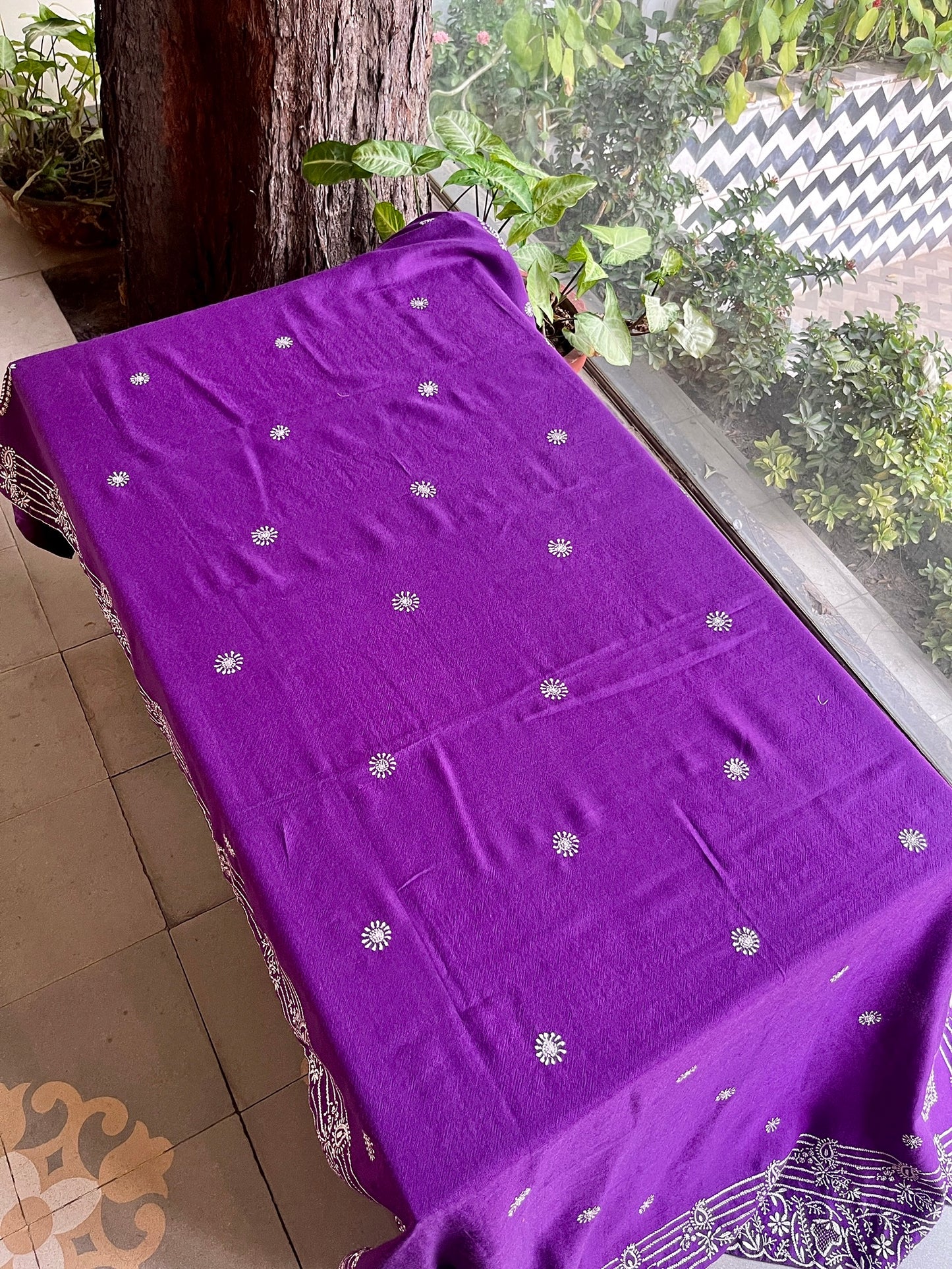 Warm Purple Shade Saman Pashmina Resham Thread Chikankari Shawl