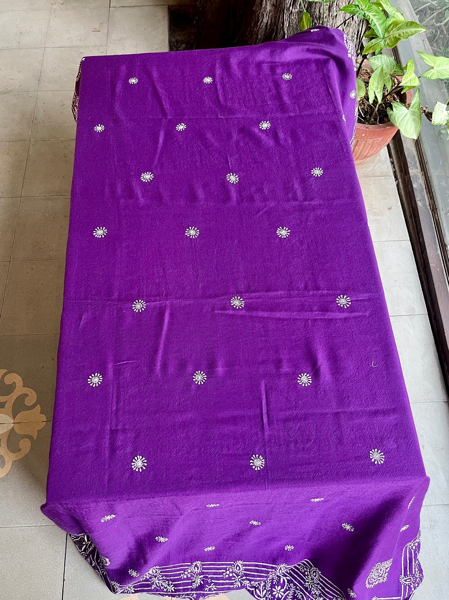 Warm Purple Shade Saman Pashmina Resham Thread Chikankari Shawl