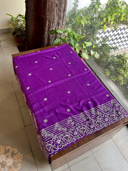 Warm Purple Shade Saman Pashmina Resham Thread Chikankari Shawl