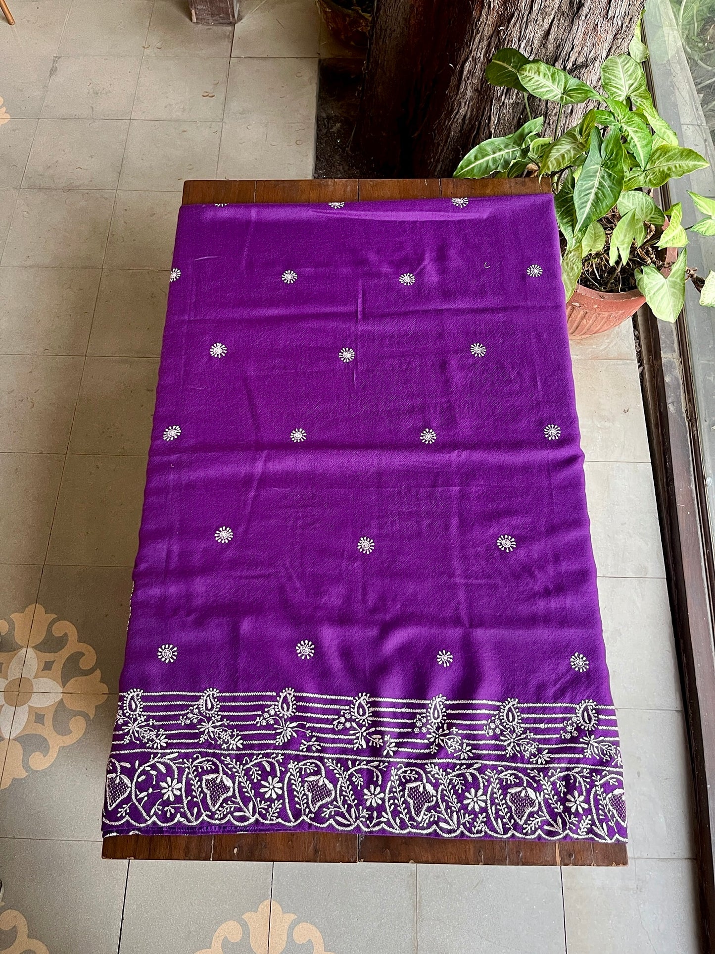 Warm Purple Shade Saman Pashmina Resham Thread Chikankari Shawl
