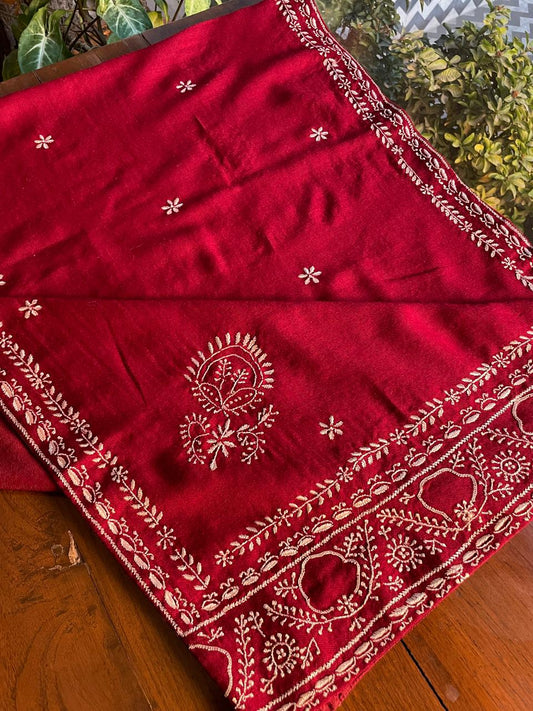 Warm Red Shade Saman Pashmina Resham Thread Chikankari Stole