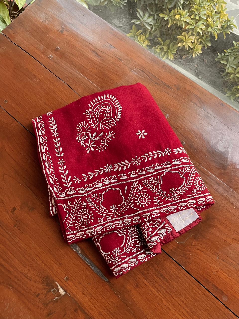 Warm Red Shade Saman Pashmina Resham Thread Chikankari Stole