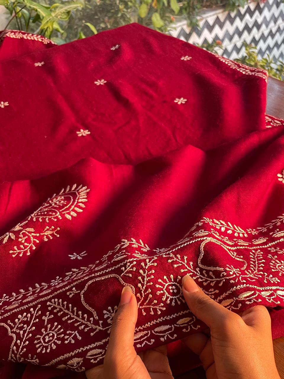 Warm Red Shade Saman Pashmina Resham Thread Chikankari Stole