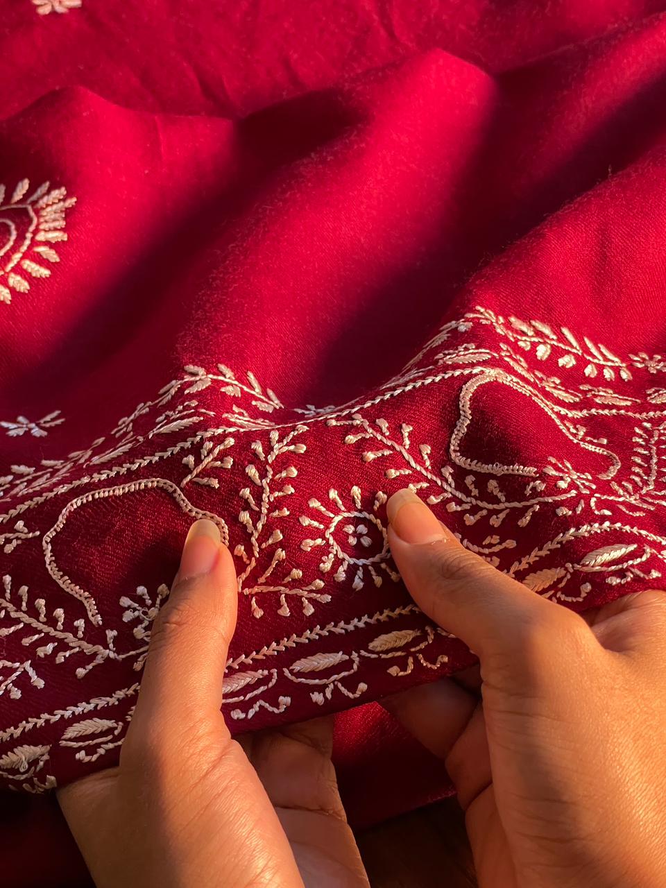 Warm Red Shade Saman Pashmina Resham Thread Chikankari Stole