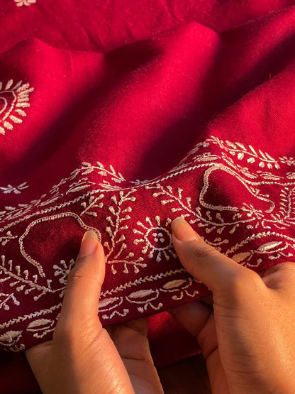 Warm Red Shade Saman Pashmina Resham Thread Chikankari Stole